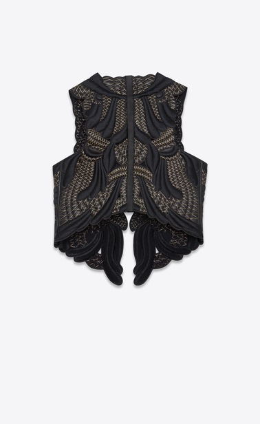 SAINT LAURENT Leather jacket Woman Black leather vest with gold-colored embroidery b_V4